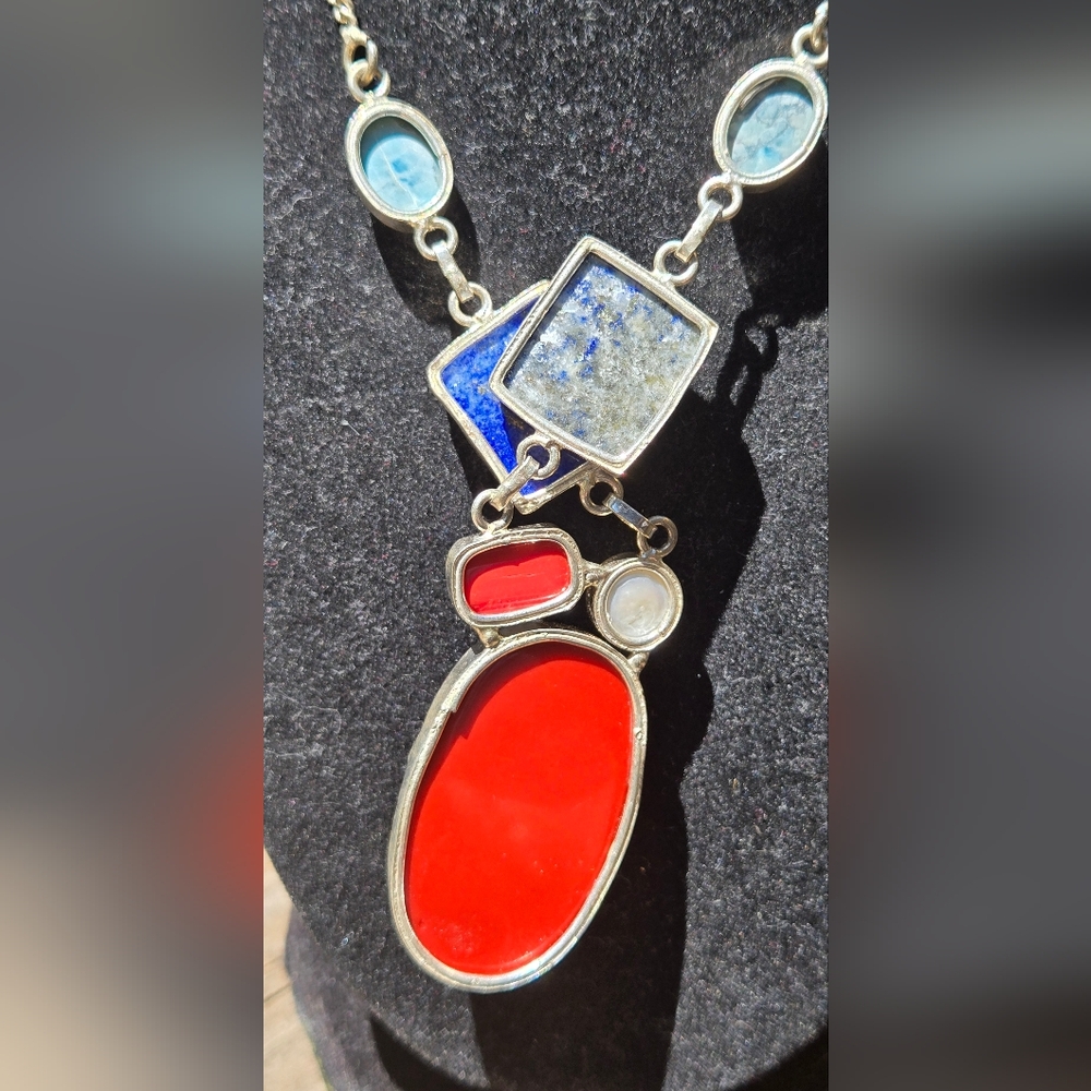 Red Turquise Coral Pearl Blue Lapis Larimar Geometric Sterling Necklace 18" - Picture 7 of 7